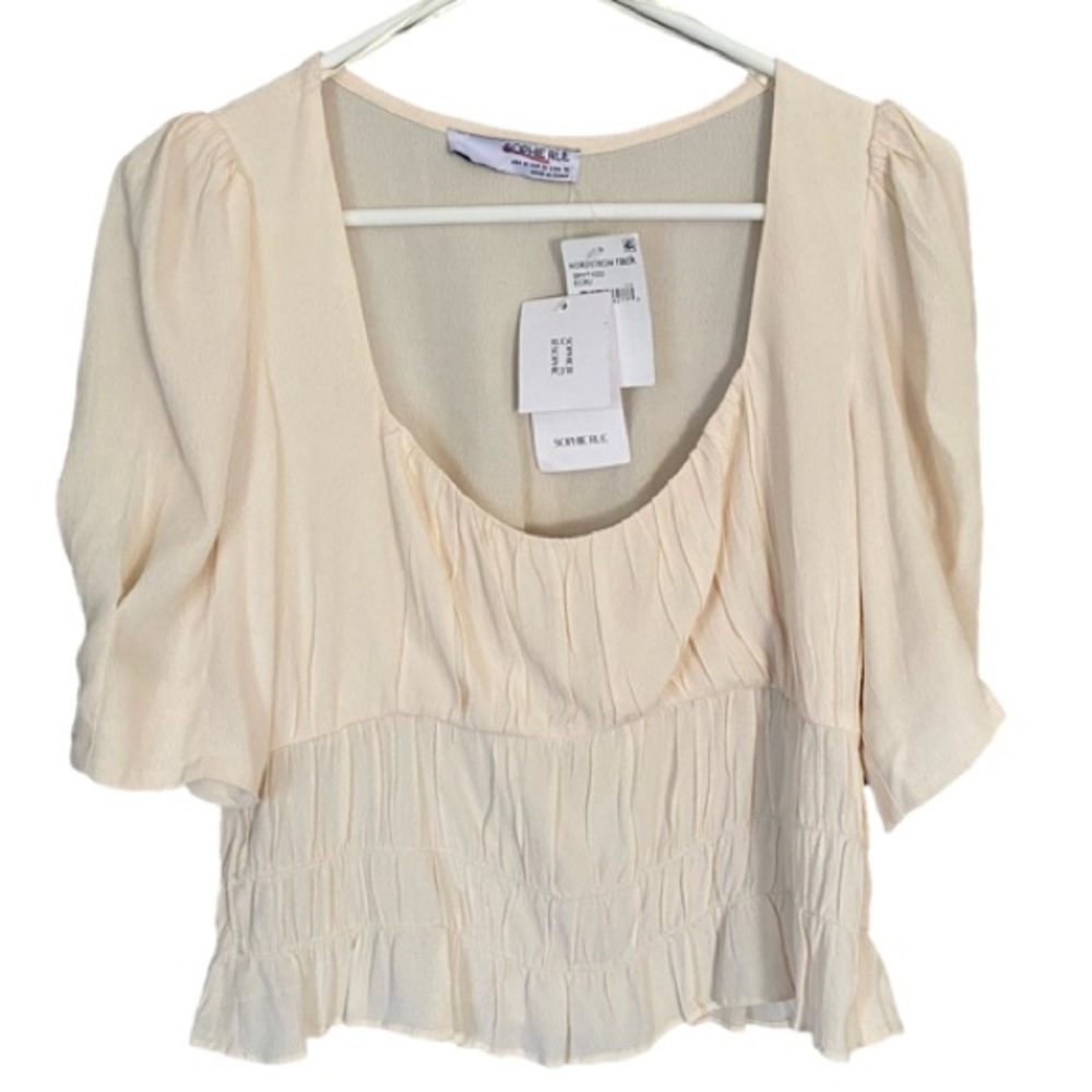 SOPHIE RUE To Neck Short Puff Sleeves Ruche Ivory Ecru Women Size M NWT